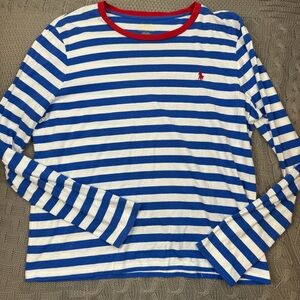 Ralph Lauren Womens Striped Blue and White Long Sleeve Shirt Red Crew Neck XL